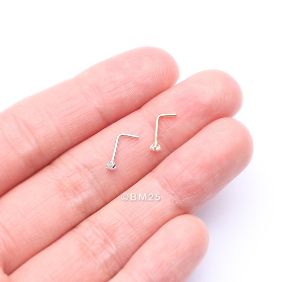 14 Karat White Gold Prong Set Princess Cut Gem Top L-Shaped Nose Ring - Picture 3 of 5